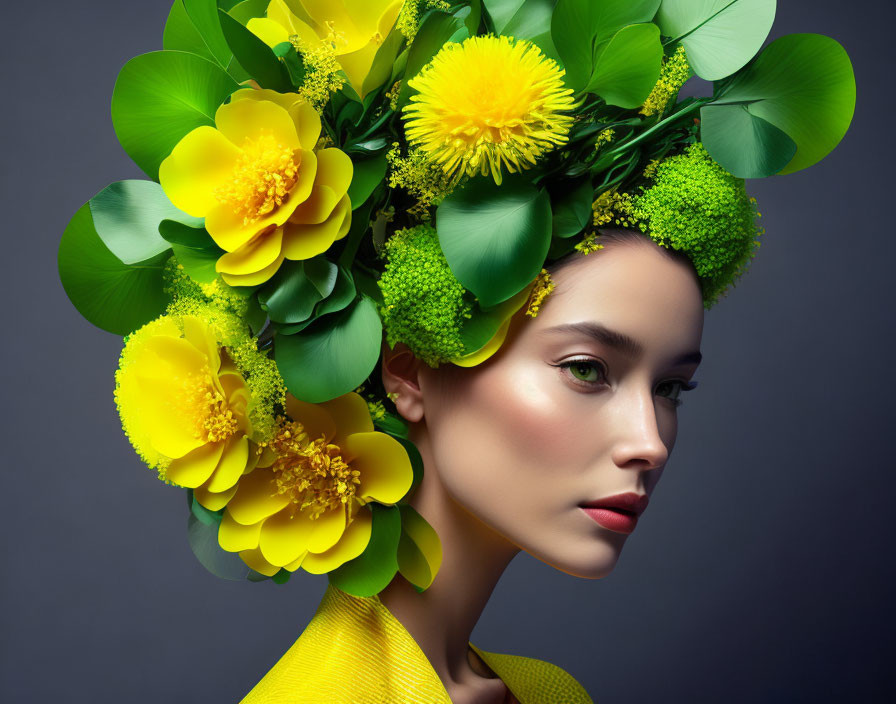 Woman wearing vibrant yellow flower headpiece on gray background.