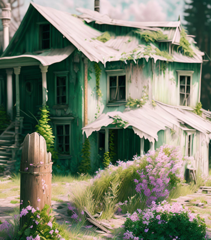 Weathered two-story green house in forest clearing with overgrown foliage and purple flowers