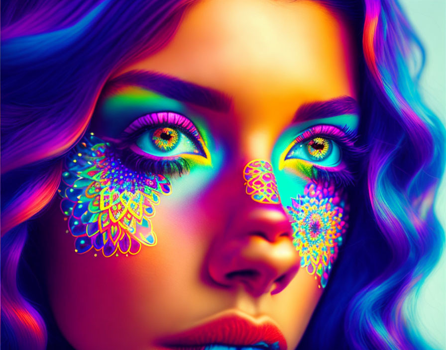 Colorful Neon Makeup Portrait with Mandala Patterns