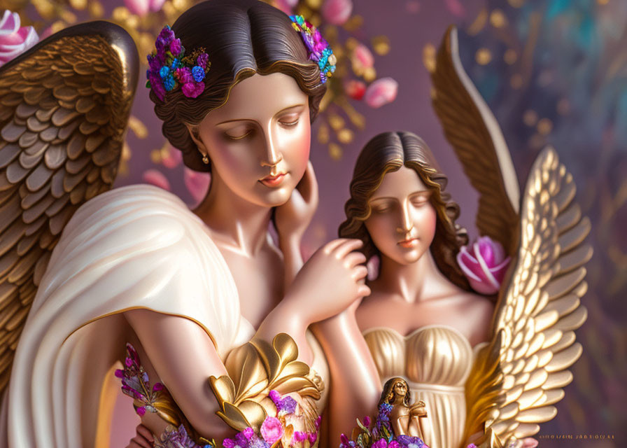 Serene angelic figures with detailed wings and floral adornments