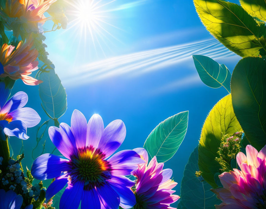 Bright Purple Flowers in Sunlight with Blue Sky and Green Leaves