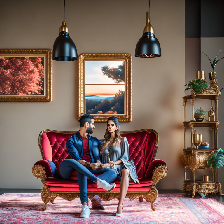 Elegant couple on red sofa with framed artwork & plants