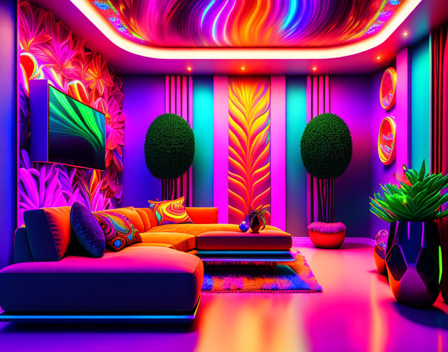 Colorful living room with neon lighting, purple sofa, decorative plants, and psychedelic ceiling.