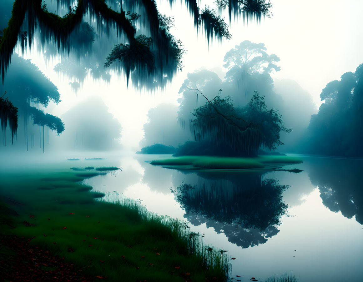 Tranquil misty lake with tree reflections and hanging moss