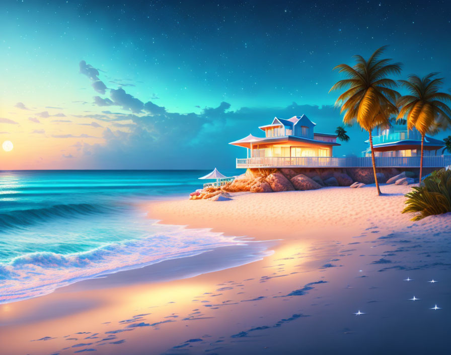 Twilight tropical beach with illuminated houses, palm trees, starry sky, and moonlit sea