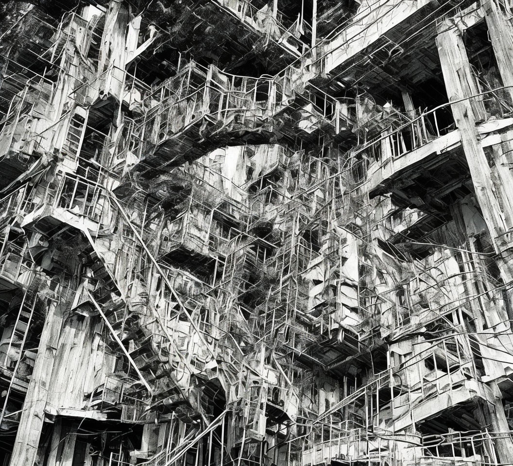 Monochrome image of busy construction site with scaffolding.