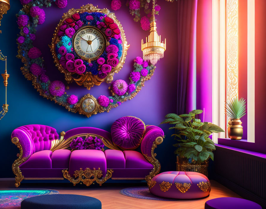 Luxurious Interior with Purple Velvet Sofa and Golden Clock