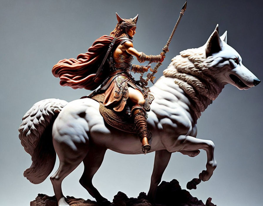 Armored warrior on white wolf with spear and flowing cape.