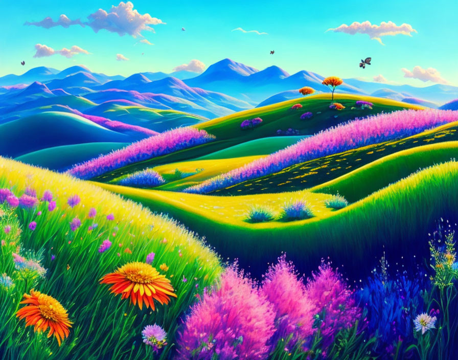 Scenic landscape: green hills, colorful flowers, mountains, clear sky