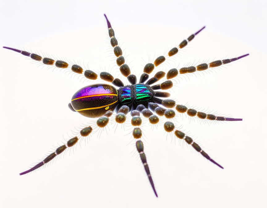 Colorful iridescent spider against bright background, showcasing vivid patterns.