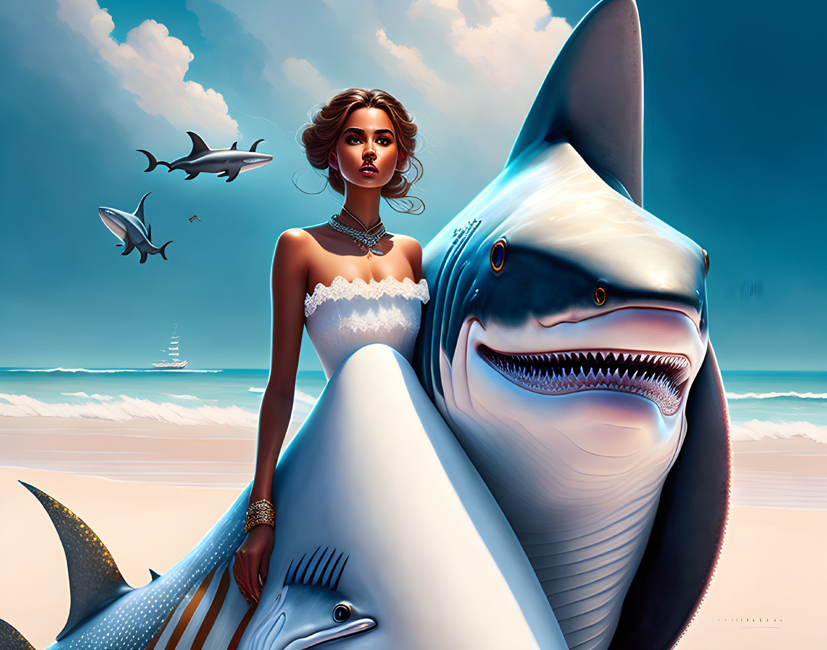 Illustrated woman in white dress by ocean with grinning shark and smaller sharks.