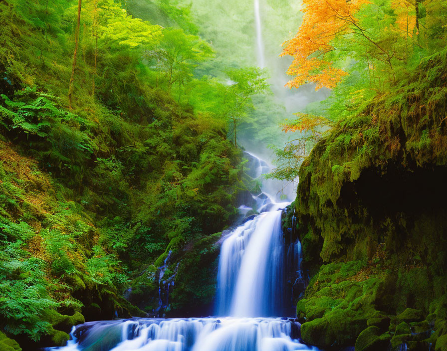 Tranquil forest scene with cascading waterfall and autumn foliage