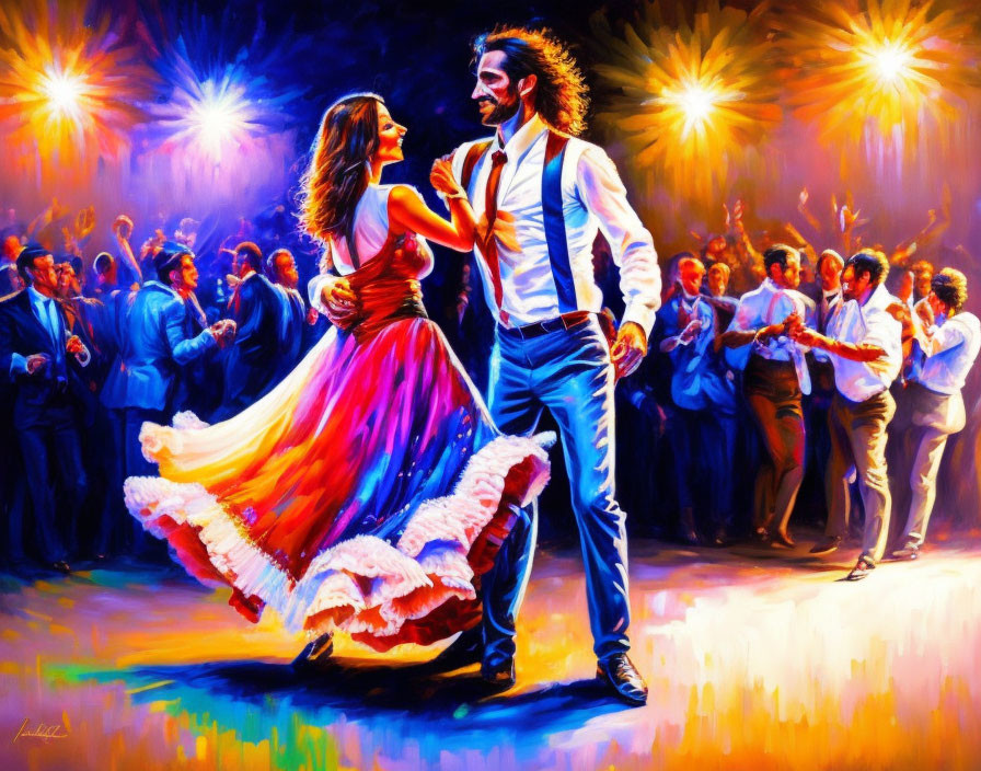 Colorful Painting of Couple Dancing in Crowd