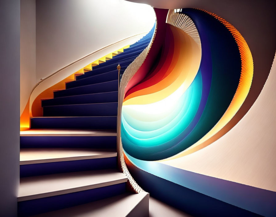 Color-gradient spiral staircase from yellow to deep blue in modern interior