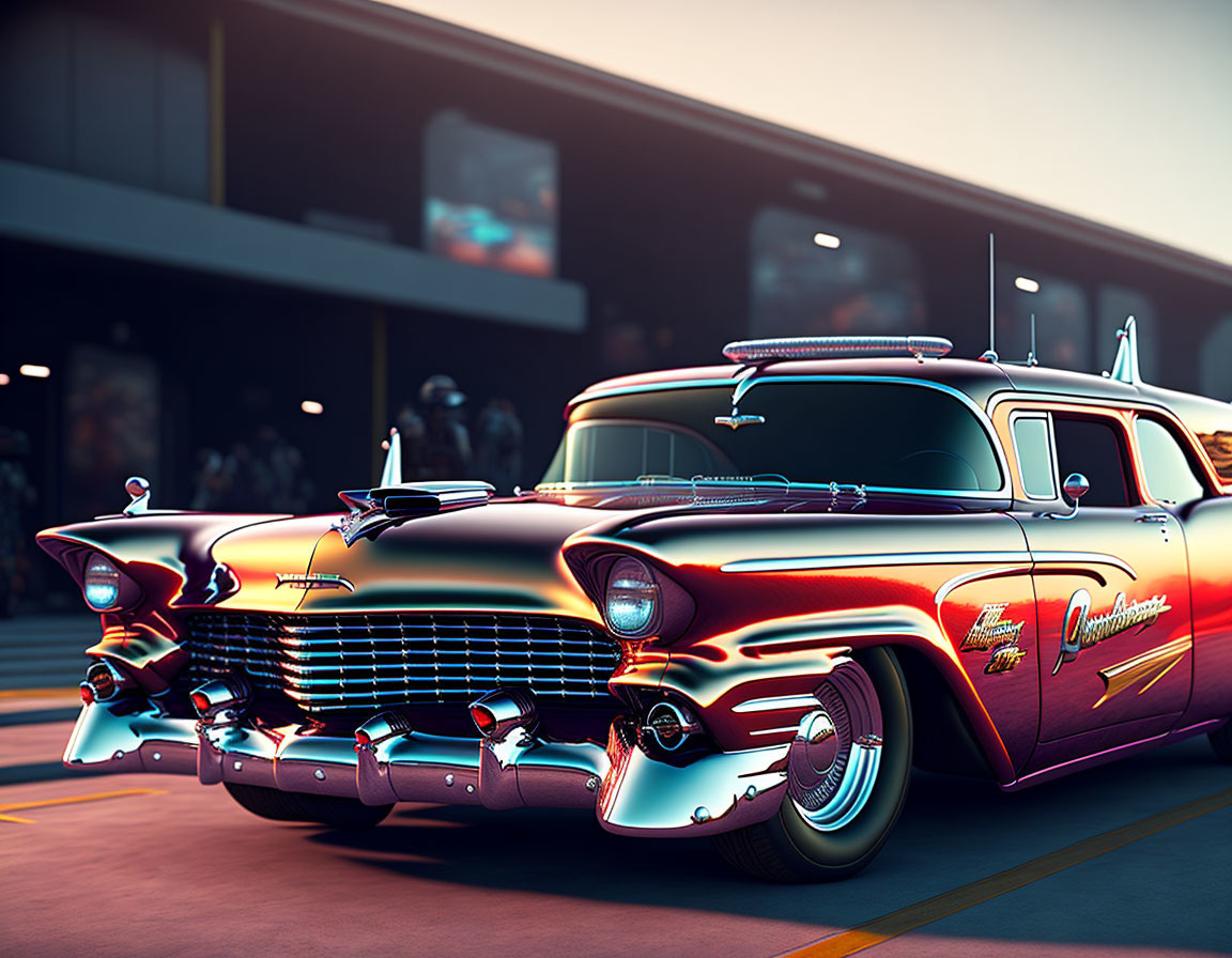 Vintage car with custom paint, tail fins, and chrome details reminiscent of 1950s Americana