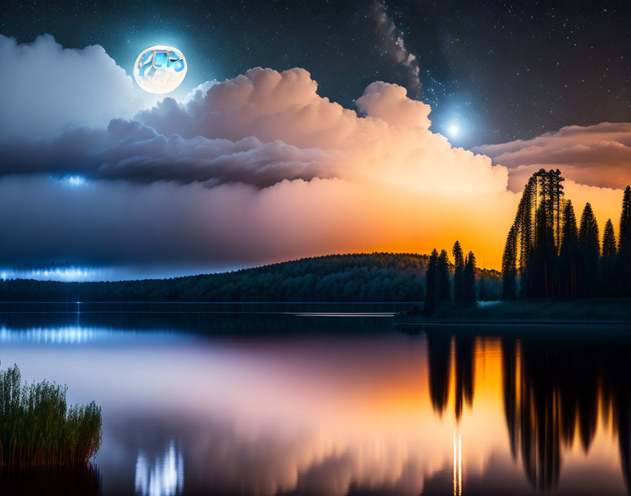 Tranquil lakeside twilight with vibrant sunset, starry sky, and UFO illustration