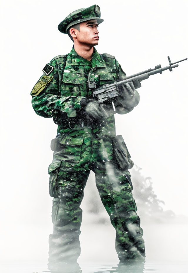 Soldier in camouflage attire with green beret holding rifle in misty setting