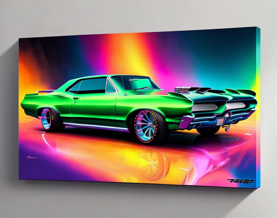 Colorful Psychedelic Muscle Car Artwork on Reflective Canvas