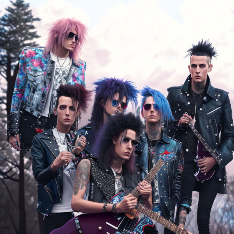 Vibrant hair, punk attire, and musical attitude in stylized group pose