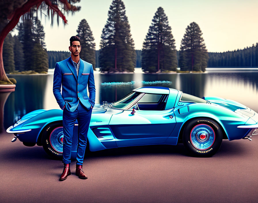 Stylish Man in Blue Suit by Classic Sports Car Near Lake