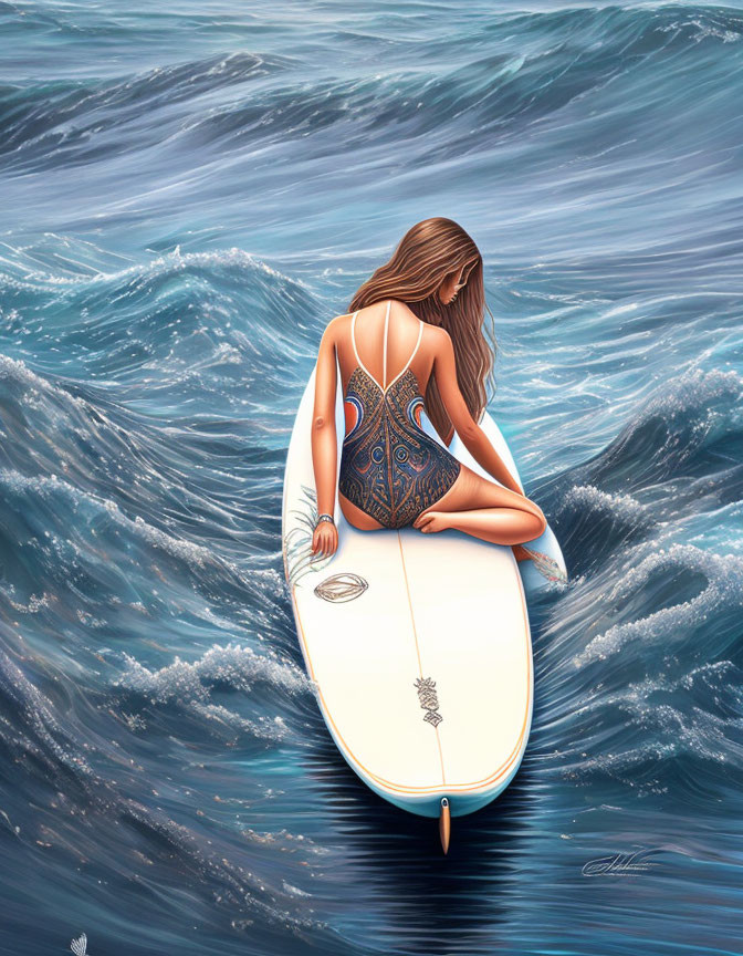 Woman in Blue Swimsuit Sitting on Surfboard in Ocean