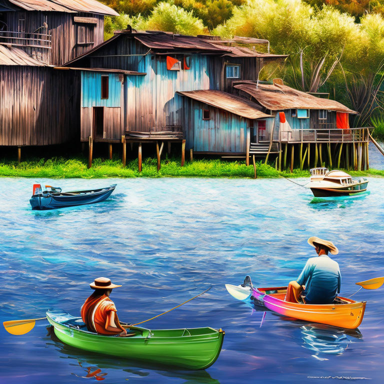 Scenic painting of kayaking on river near rustic houses