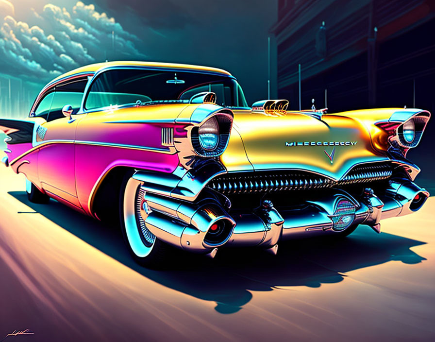 Exaggerated classic car illustration in vibrant pink and yellow against cityscape at sunset