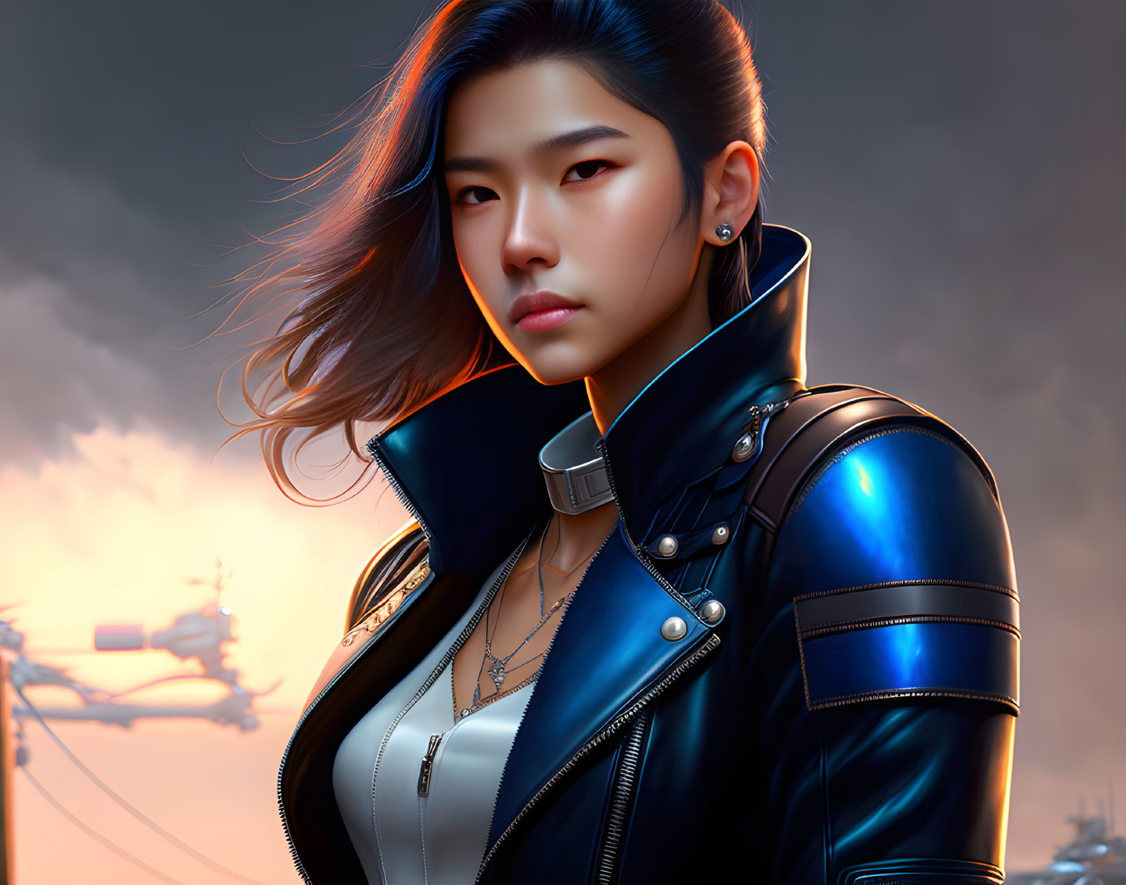 Digital artwork: Woman with flowing hair in leather jacket, futuristic cityscape, warm sunset