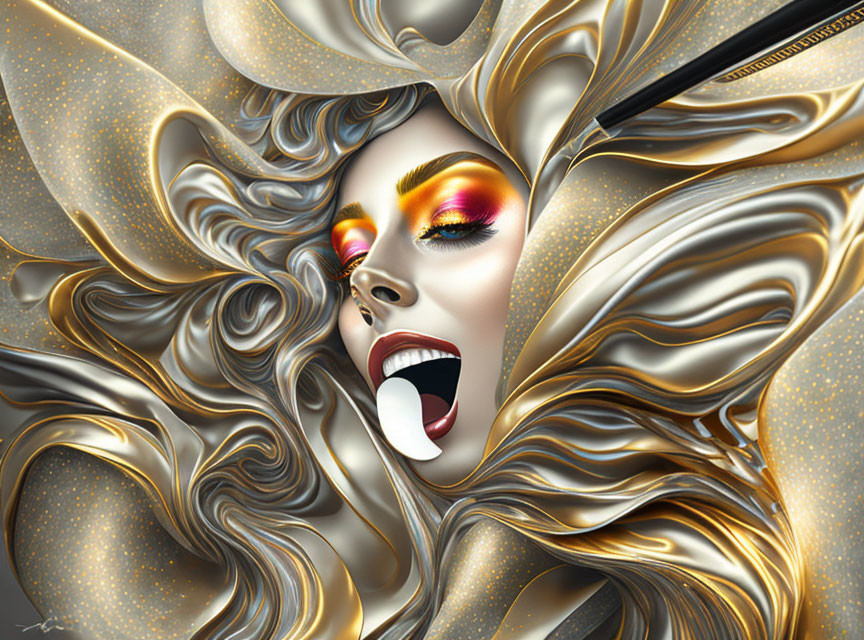 Stylized artistic image of woman's face with dramatic makeup and swirling golden patterns