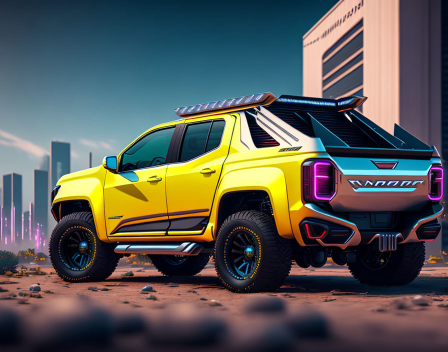 Futuristic yellow pickup truck with bold design and oversized wheels in stylized cityscape.