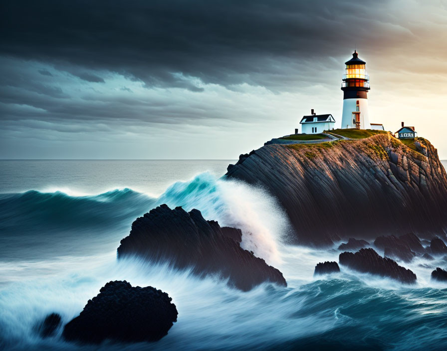 Dramatic cliff-top lighthouse overlooking crashing waves