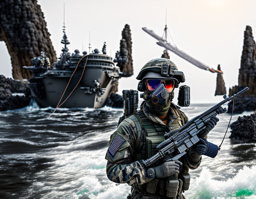 Soldier in Tactical Gear with Rifle in Surreal Seascape