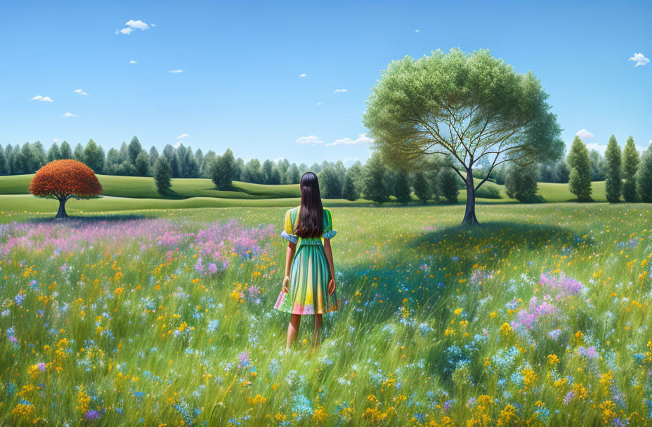 Girl in flower-filled meadow admires lush landscape