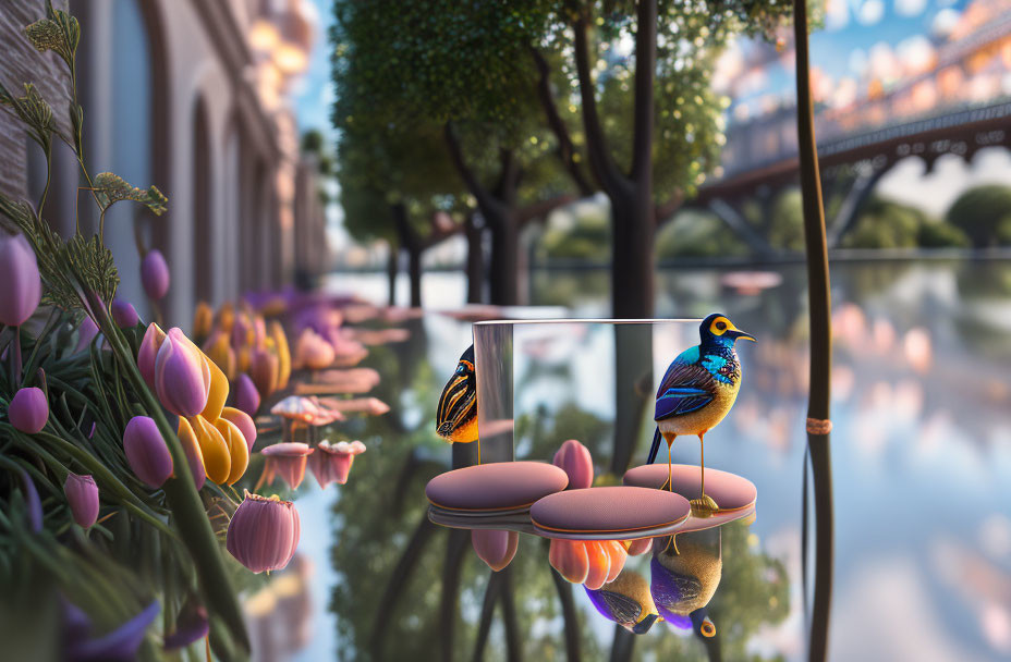 Colorful birds on railing by calm river with tulips and bridge in background