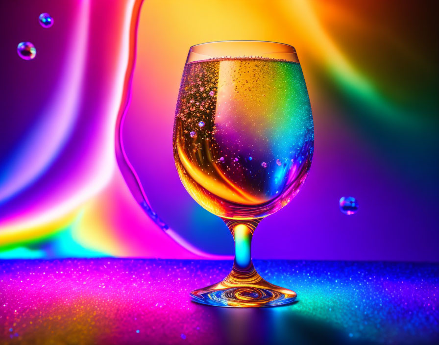 Colorful Sparkling Beverage in Wine Glass on Reflective Surface