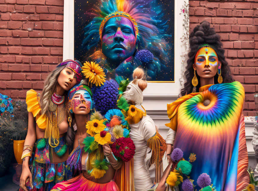 Vibrant cosmic face paint and bohemian attire in floral setting