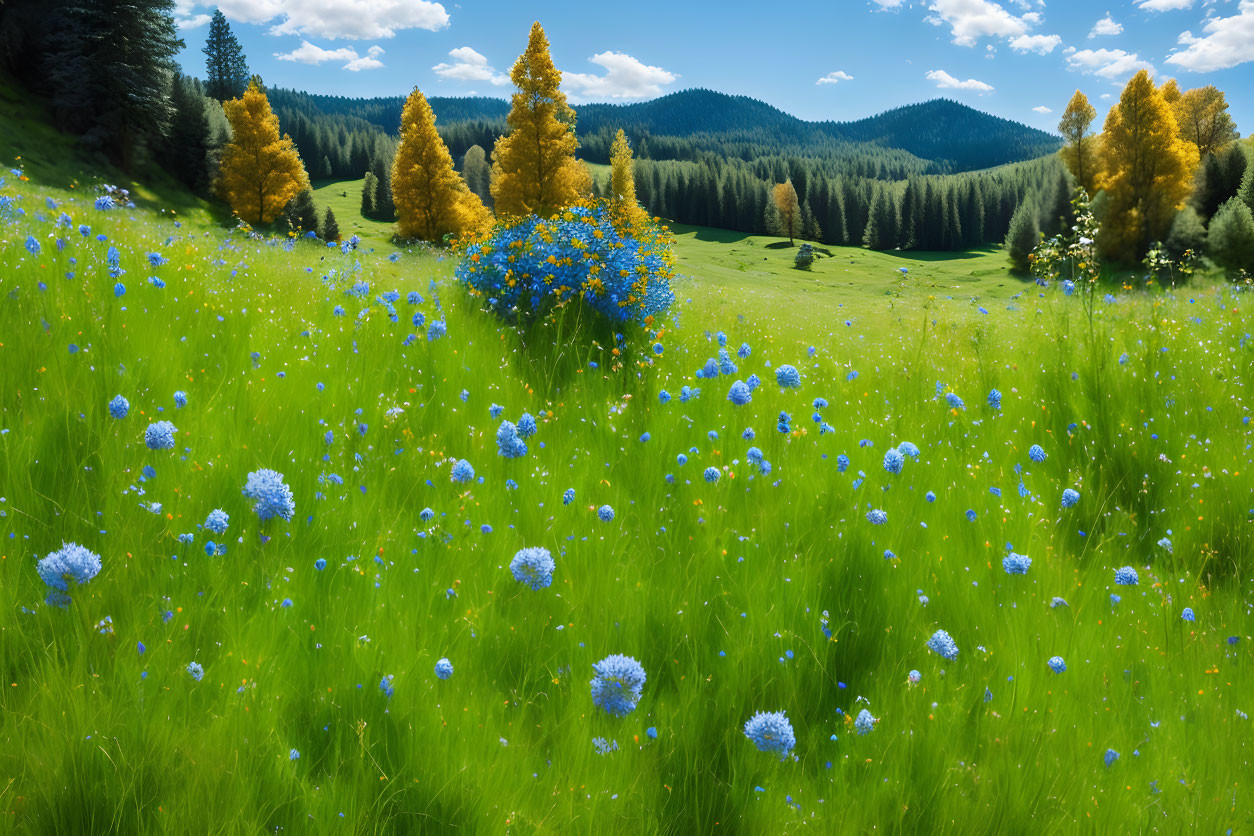 Scenic grassy meadow with blue wildflowers and evergreen forests