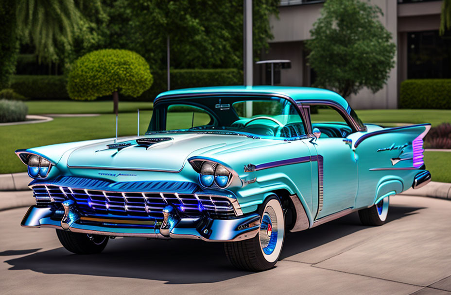 Classic Chevrolet with Turquoise and White Color Scheme and Prominent Tail Fins in Landscaped Setting