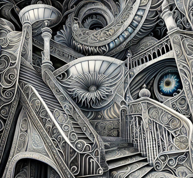 Detailed Monochrome Drawing with Abstract Patterns, Eyes, and Architectural Elements