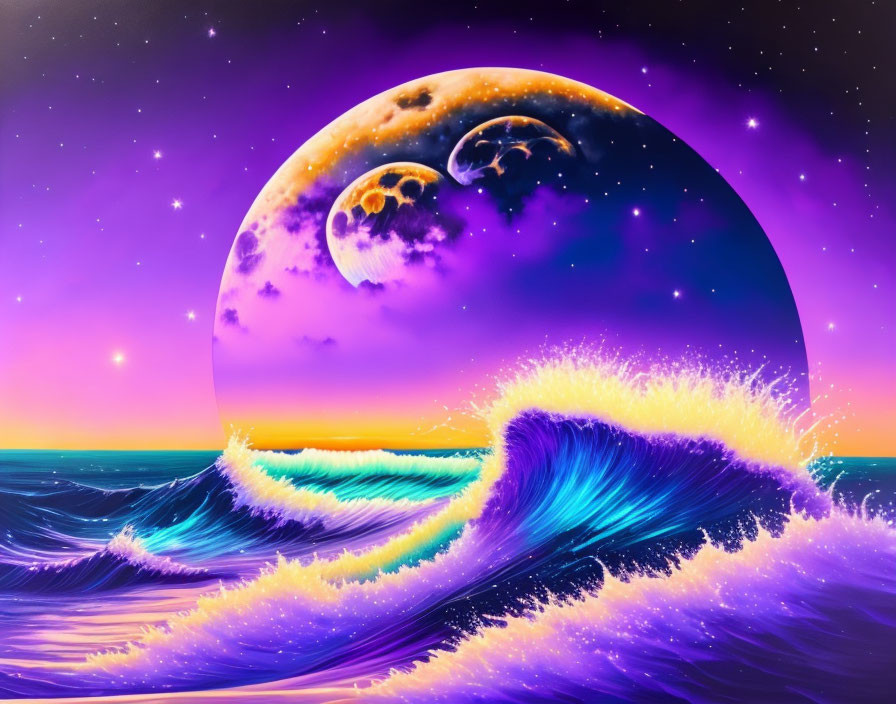 Colorful Moon Artwork with Starry Sky & Ocean Waves