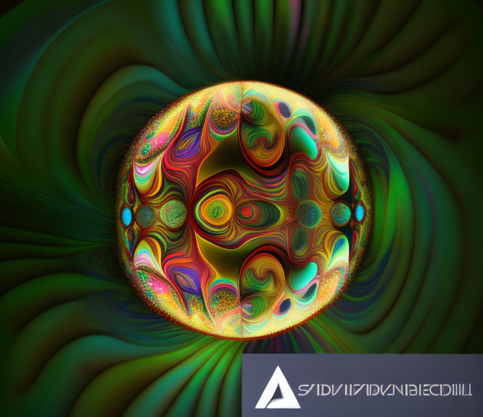 Colorful Digital Fractal Art: Spherical Psychedelic Patterns on Dark Background