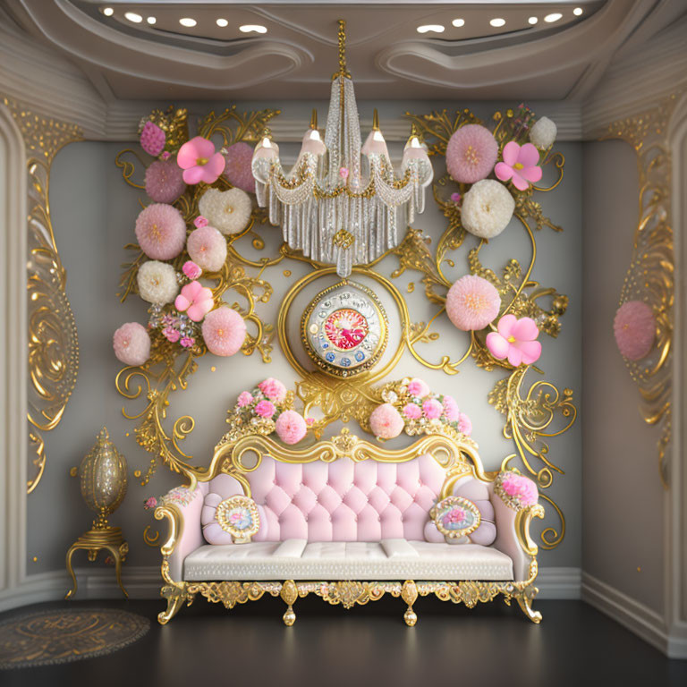 Luxurious Rococo-style interior with pink sofa, golden decor, floral accents, chandelier, clock