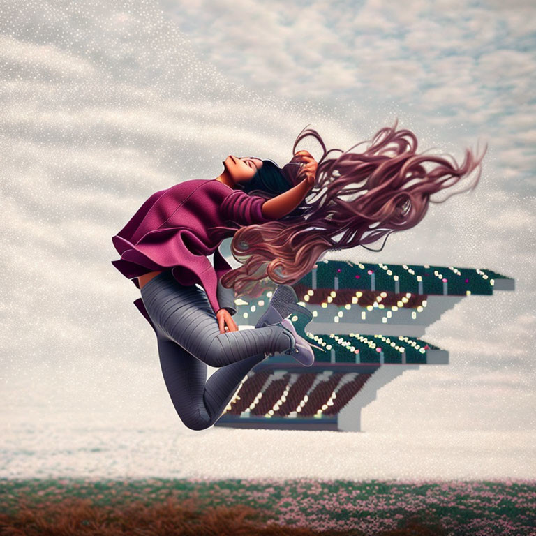 Floating woman with flowing hair above surreal staircase in grassy field