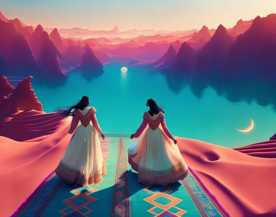 Two women in traditional dresses on carpet in front of fantastical landscape with pink mountains, turquoise lake.