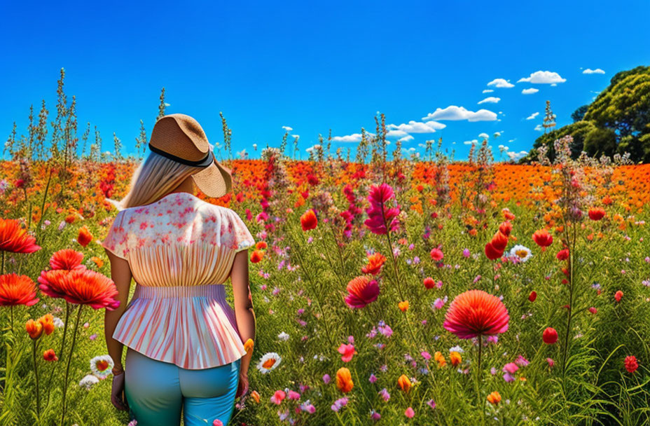 Woman in hat surrounded by red poppies and wildflowers under blue sky