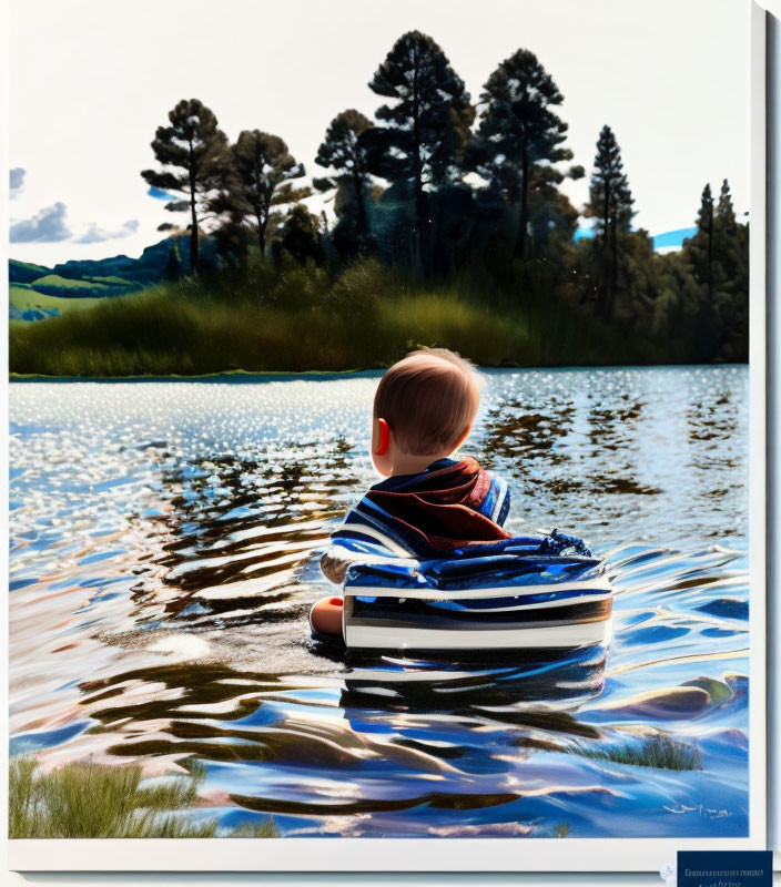 Toddler in Striped Shirt Sitting in Boat on Serene Lake