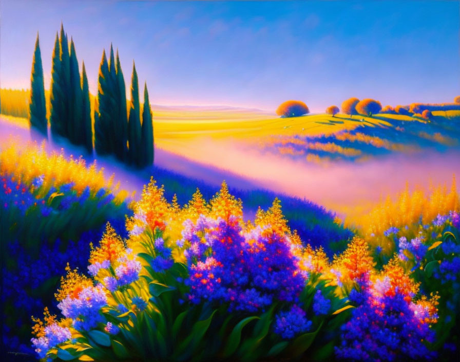 Scenic landscape with purple flowers, golden hills, cypress trees, and blue sky