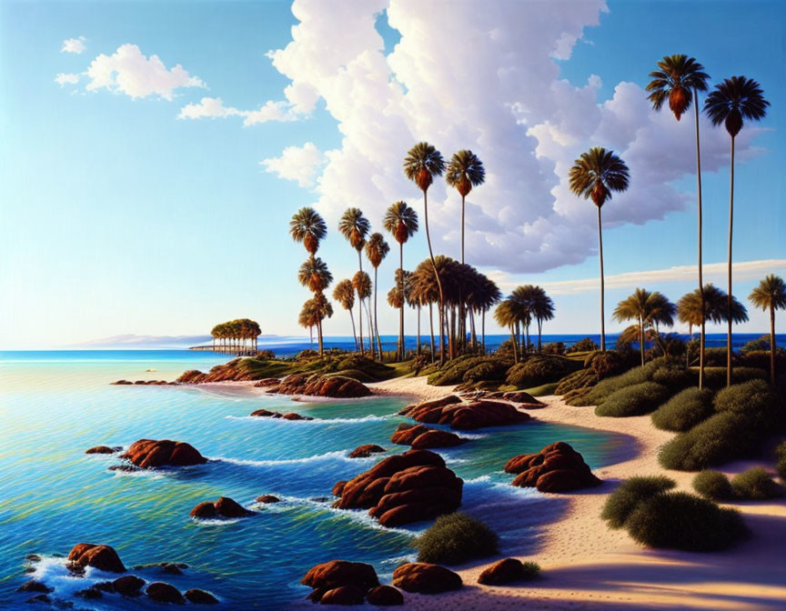 Tranquil beach scene with palm trees, blue water, red rocks, and green islets