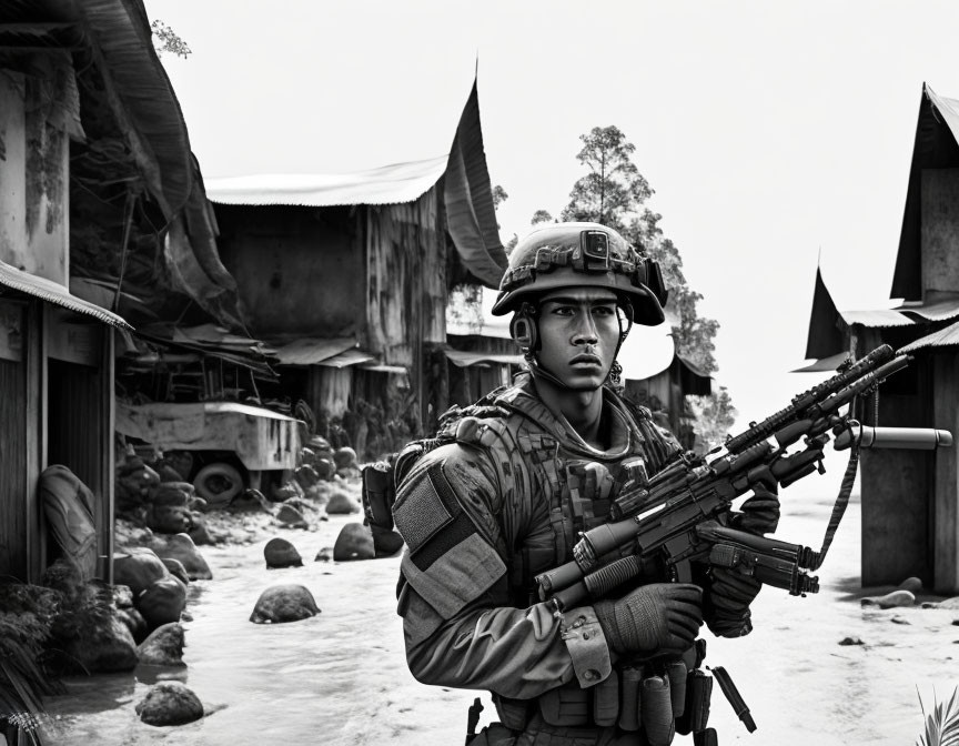 Soldier in full gear with rifle in rural setting.