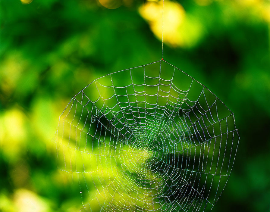 Dew-laden spider's web against blurred green background